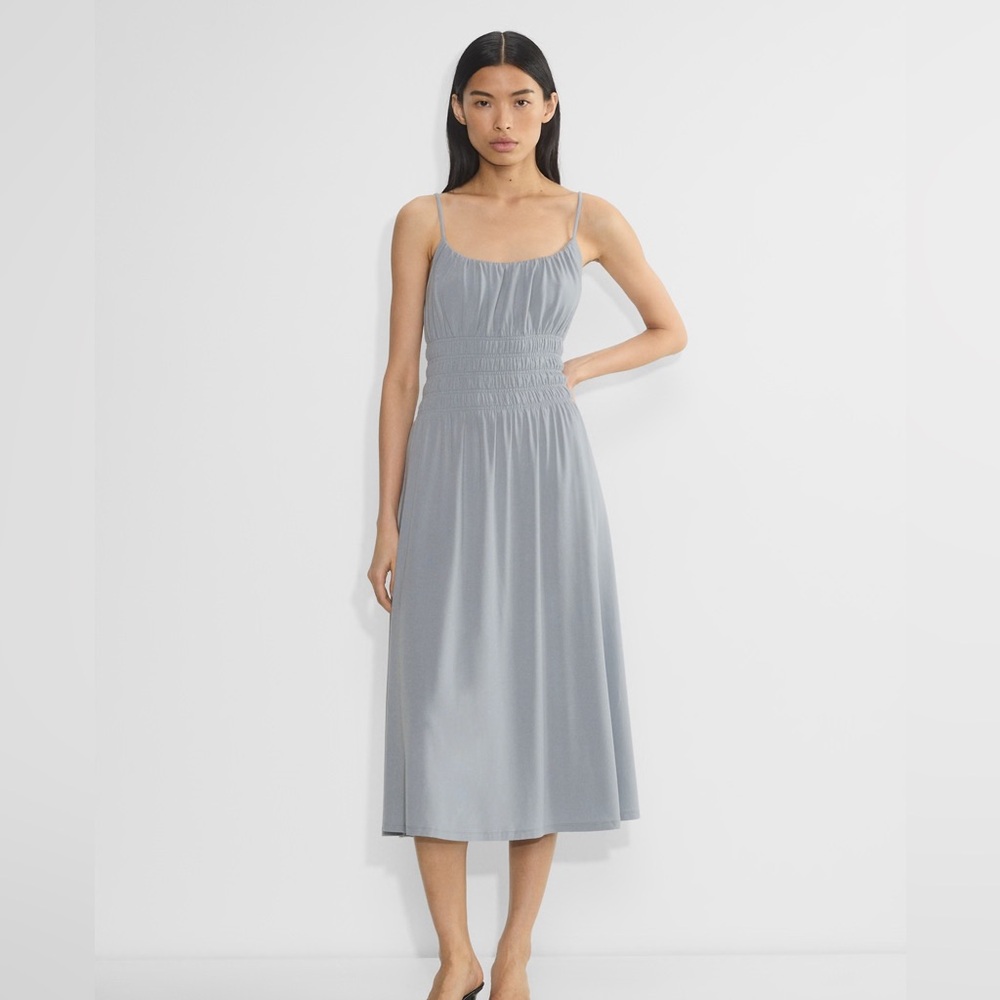 Aritzia Gray Ruched Midi Sundress for Wedding Guest